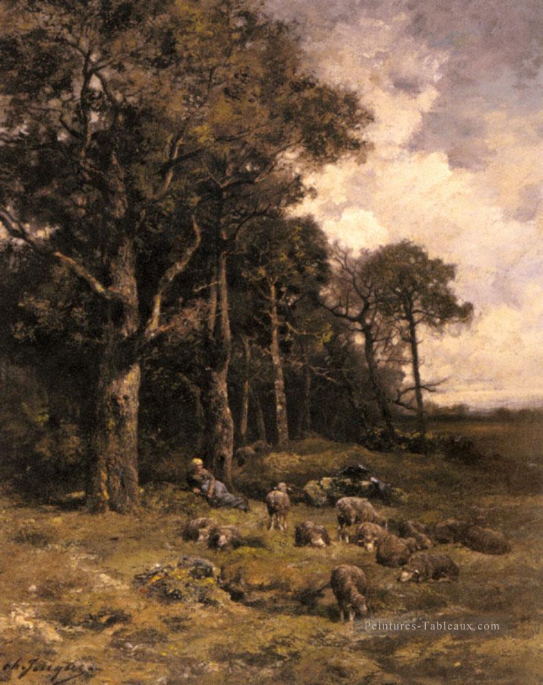 Bergère au repos avec son troupeau animalier Charles Émile Jacque Peintures à l'huile